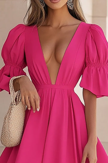 Fuchsia V Neck Half Sleeves Short Cocktail Dress